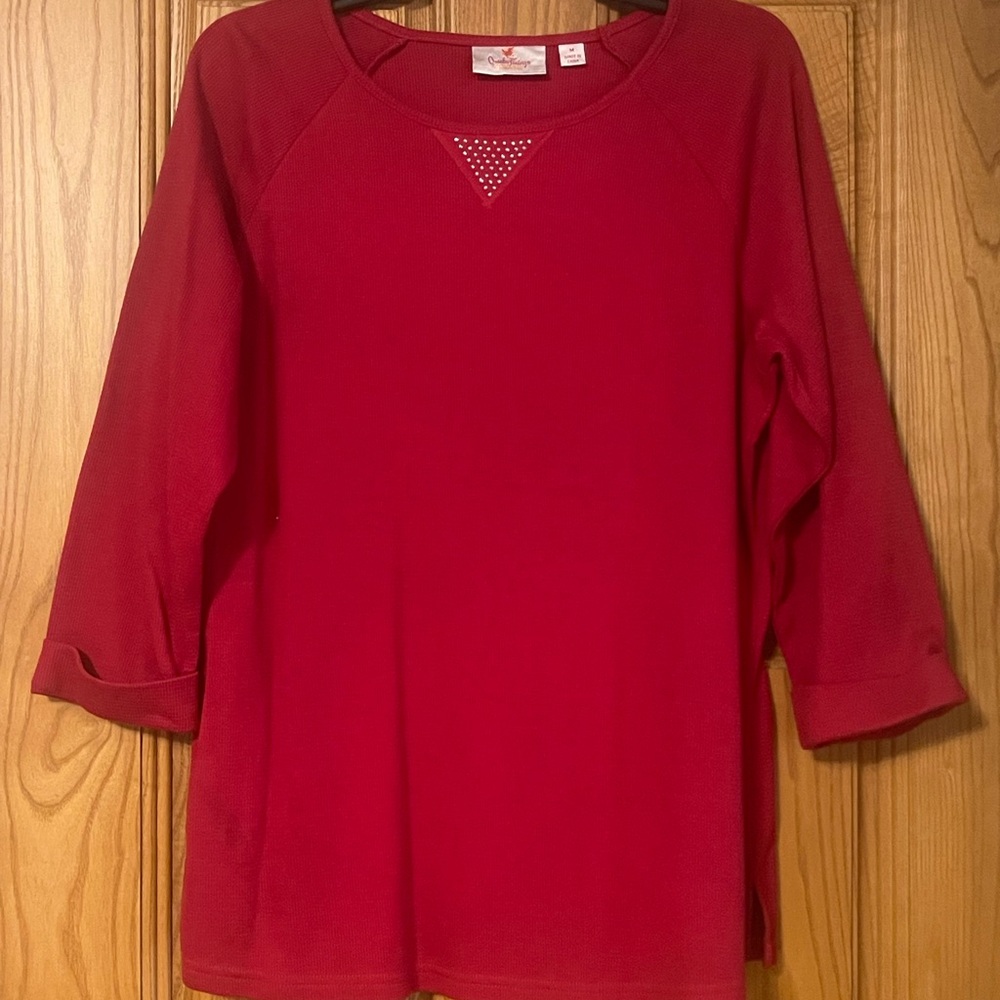 Quacker Factory Red Scoop Neck 3/4 Sleeve Top with Triangle Cutout